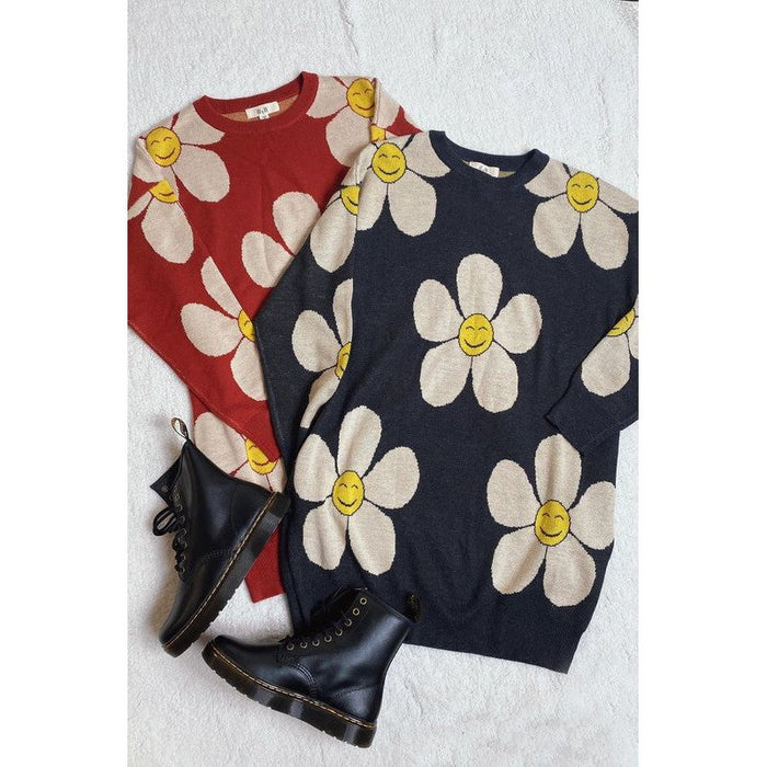 Happy Face Floral Print Knit Sweater