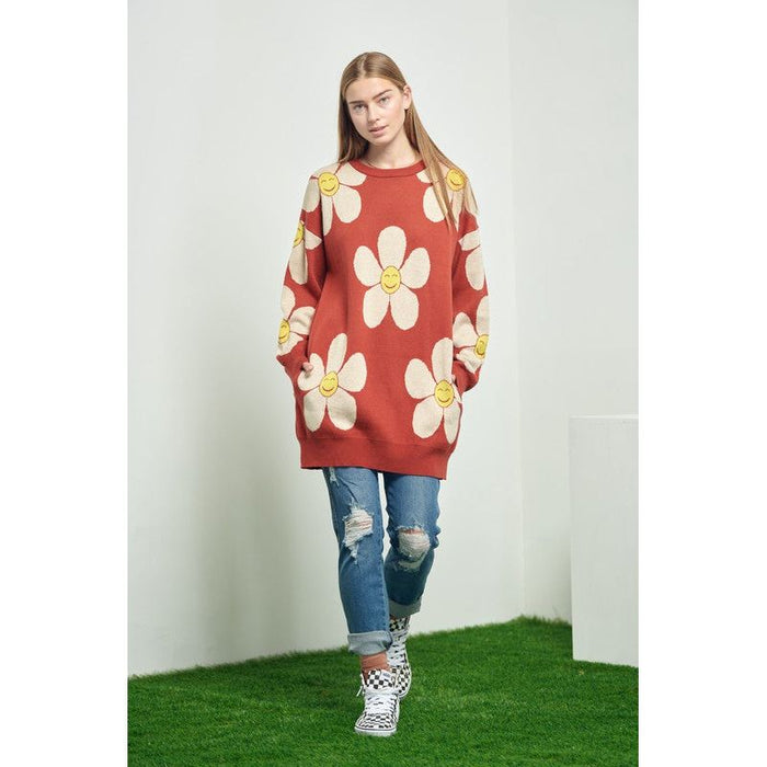 Happy Face Floral Print Knit Sweater