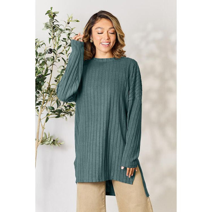 Basic Bae Ribbed Round Neck Long Sleeve Slit Top