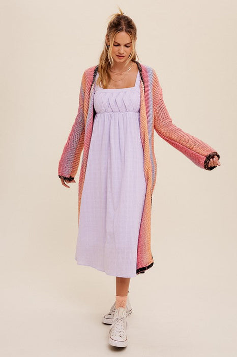 Multi Color Gradation Long Knit Open Cardigan