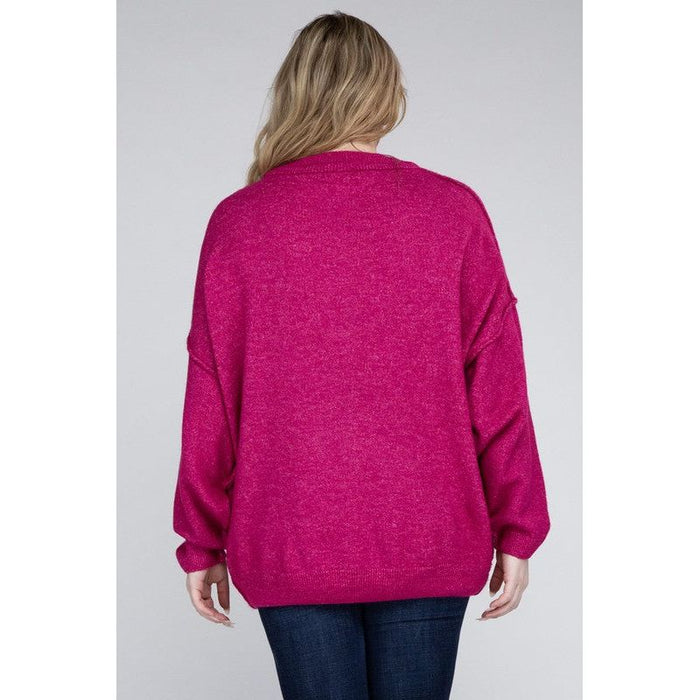 Plus Oversized Round Neck Raw Seam Melange Sweater