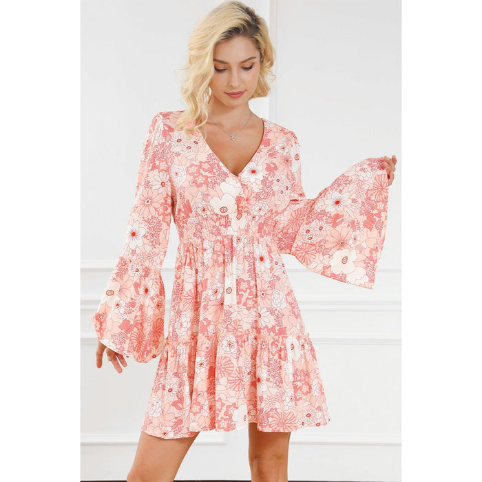 Smocked Printed Flare Sleeve Mini Dress