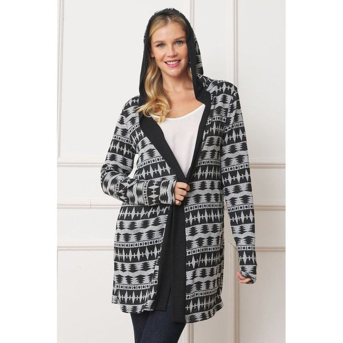 Long Tribal Print Hooded Cardigan