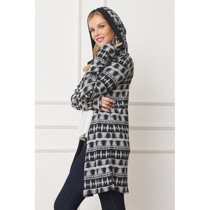 Long Tribal Print Hooded Cardigan