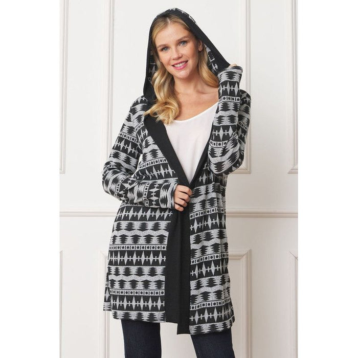 Long Tribal Print Hooded Cardigan