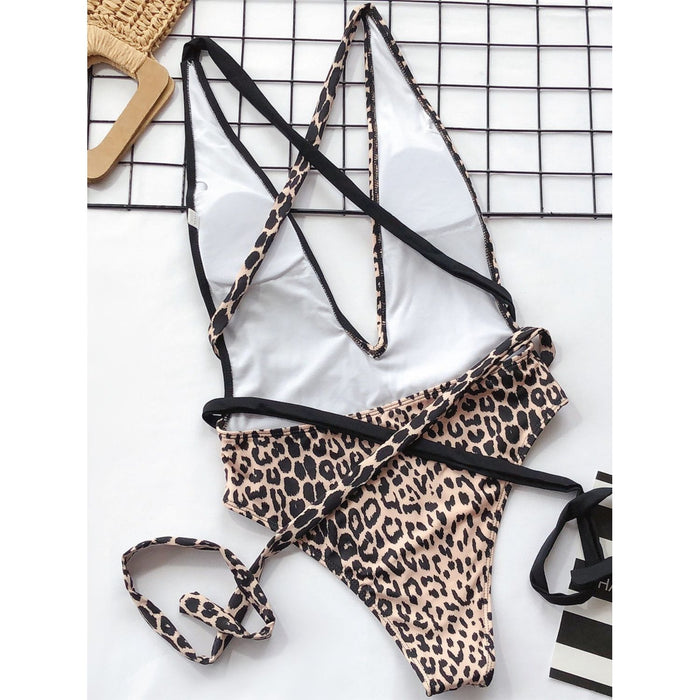 Tied Leopard Plunge One-Piece Swimwear