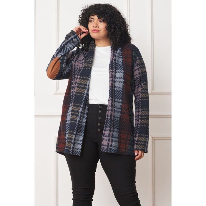 Plus Multi Color Plaid Elbow Patch Cardigan