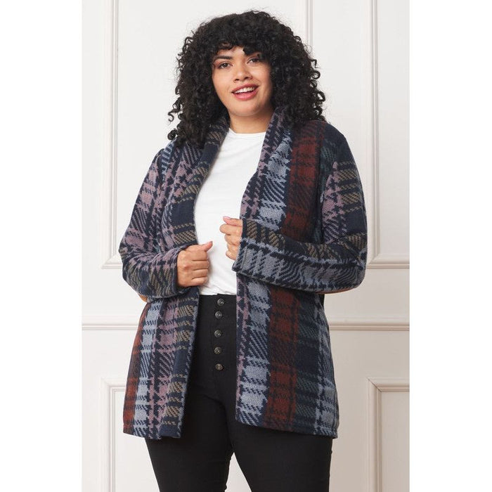 Plus Multi Color Plaid Elbow Patch Cardigan