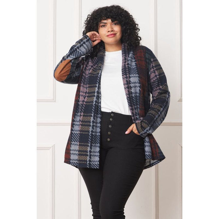 Plus Multi Color Plaid Elbow Patch Cardigan