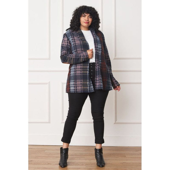 Plus Multi Color Plaid Elbow Patch Cardigan