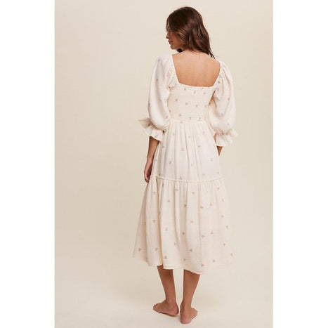 Ditzy Floral Embroidery Puff Sleeve Maxi Dress