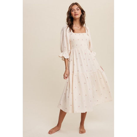 Ditzy Floral Embroidery Puff Sleeve Maxi Dress