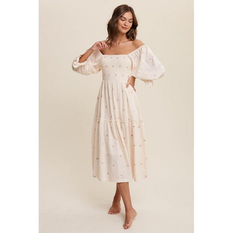 Ditzy Floral Embroidery Puff Sleeve Maxi Dress