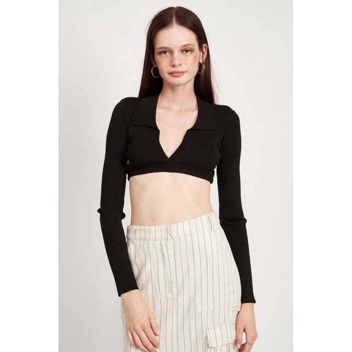 Collared V Neck Crop Top