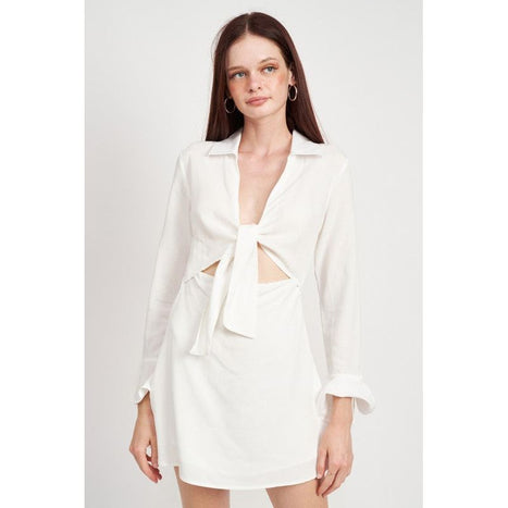 Emory Park V Mini Long Sleeve Dress With Front Tie