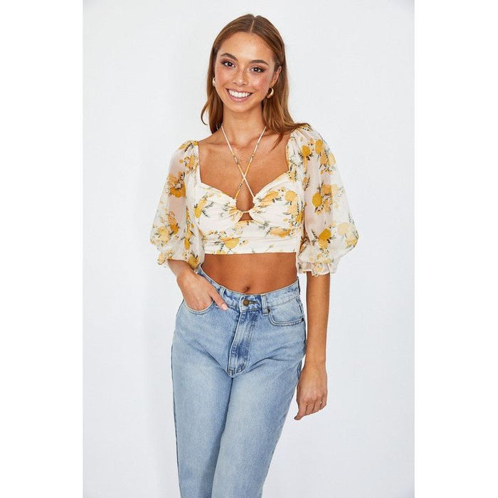 Chiffon Balloon Sleeved Bustier Crop Top