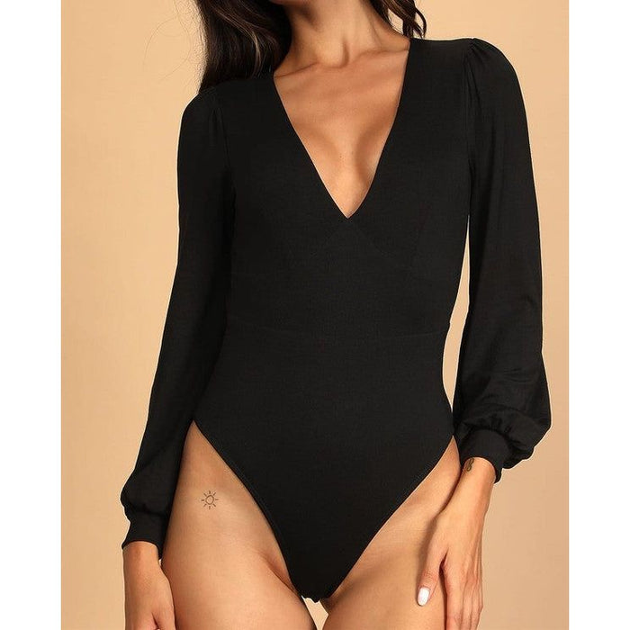 Romantic V-Neck Balloon Sleeve Tie-Back Bodysuit