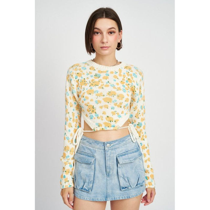 Printed Sweater Top With Side Drawstrings