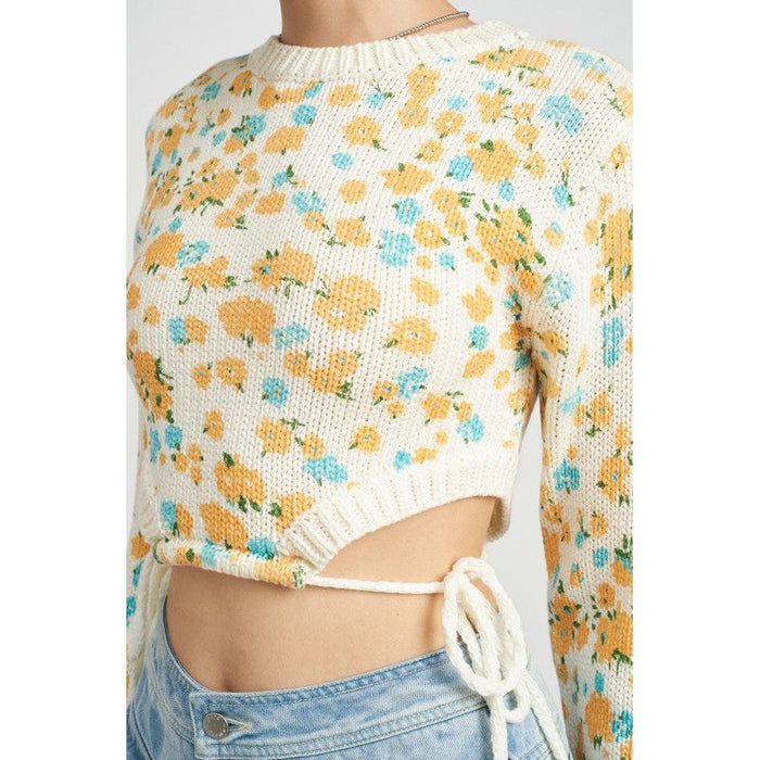 Printed Sweater Top With Side Drawstrings