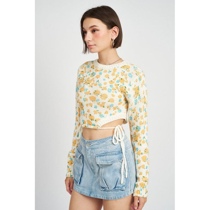 Printed Sweater Top With Side Drawstrings