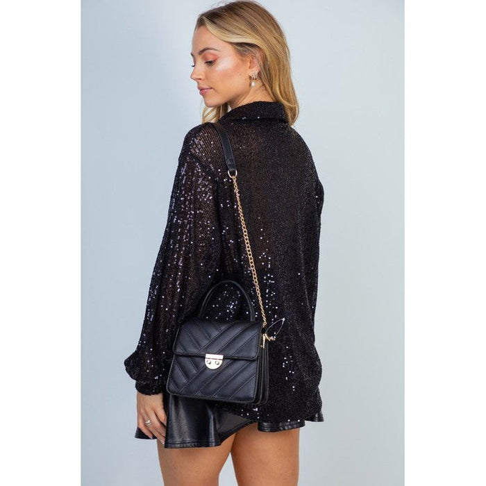 Sequin Mesh Knit Button Down Top in Black