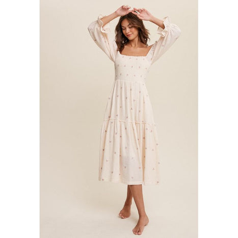 Ditzy Floral Embroidery Puff Sleeve Maxi Dress