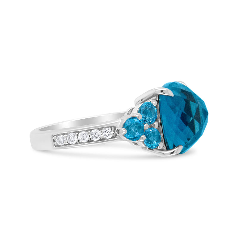 Bids.com 18K White Gold 10mm Cushion Shaped Blue Topaz and 1/6 Cttw Diamond 3 Stone Style Ring (F-G Color, VS1-VS2 Clarity) - Ring Size 6.5 Rings