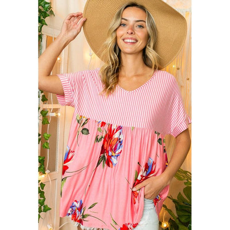 Plus Stripe Floral Baby Doll Top