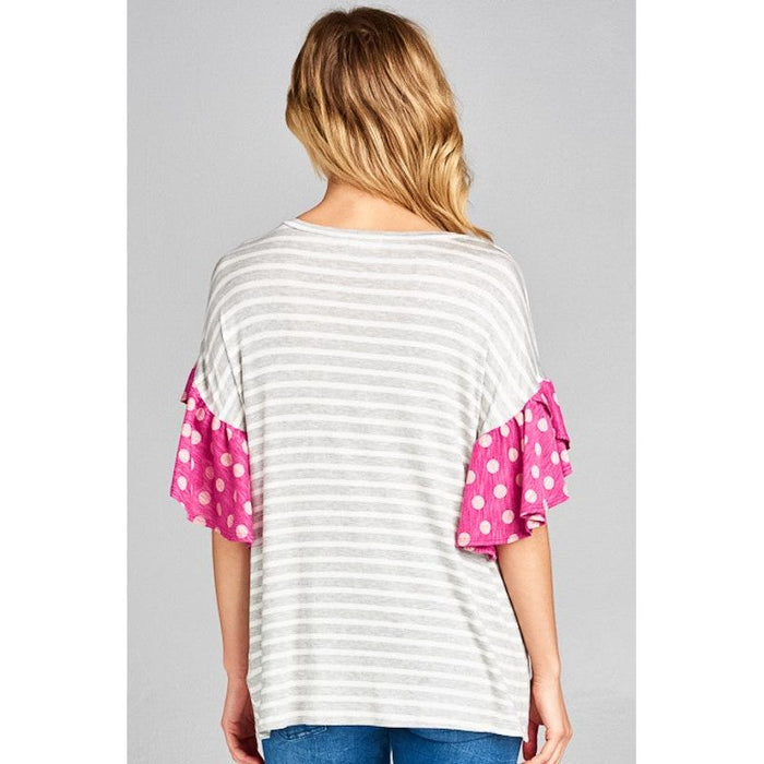 POLKA DOT STRIPE RUFFLE SLEEVE TOP