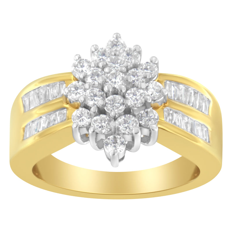 Bids.com 10K Yellow Gold 1.0 Cttw Round & Baguette Cut Diamond Floral Cluster Double-Channel Flared Band Statement Ring (H-I Color, SI2-I1 Clarity) - Size 6-1/2 Rings