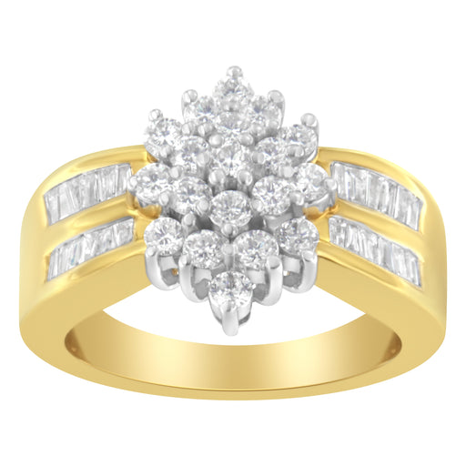 Bids.com 10K Yellow Gold 1.0 Cttw Round & Baguette Cut Diamond Floral Cluster Double-Channel Flared Band Statement Ring (H-I Color, SI2-I1 Clarity) - Size 6-1/2 Rings