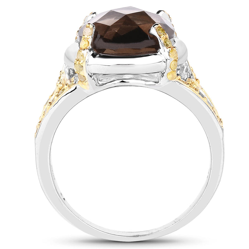 Bids.com 3.28 Carat Genuine Smoky Quartz and Yellow Diamond .925 Sterling Silver Ring Rings