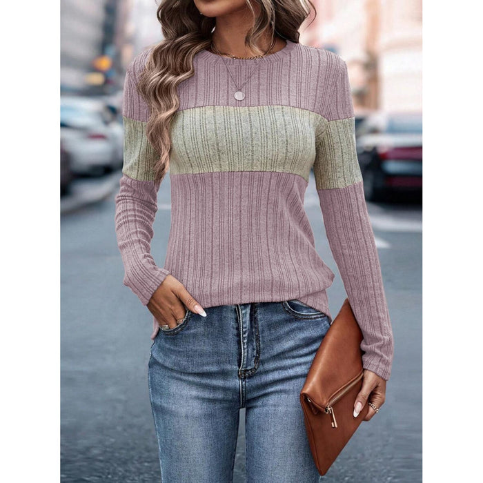 Color Block Round Neck Long Sleeve Top