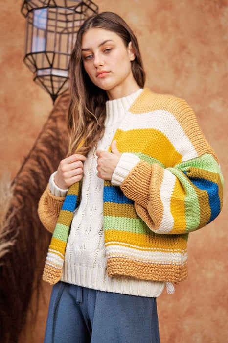 Contrast Striped Open Front Lantern Sleeve Cardigan