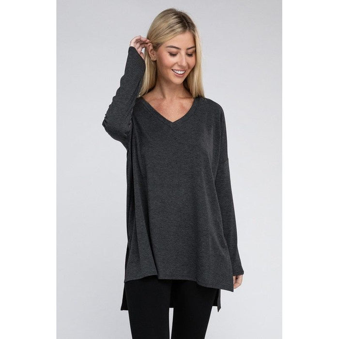 Dolman Long Sleeve V-Neck Side Slit Hi-Low Hem Top