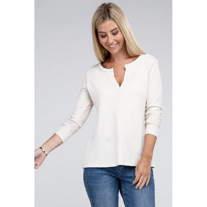 Melange Baby Waffle V-Neck Long Sleeve Top