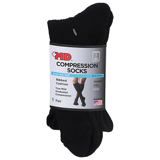 MD MD USA Ribbed Cotton Compression Socks – Cushion Soles (Black, Large) Socks