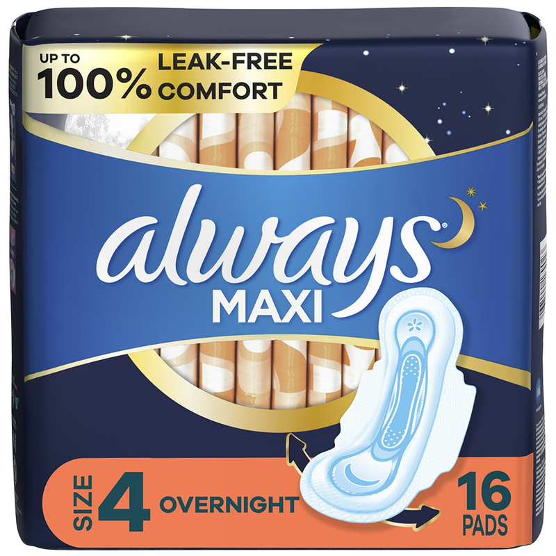 Always Always Maxi Overnight Pads With Wings, Size 4, 16 Feminine Pads & Protectors