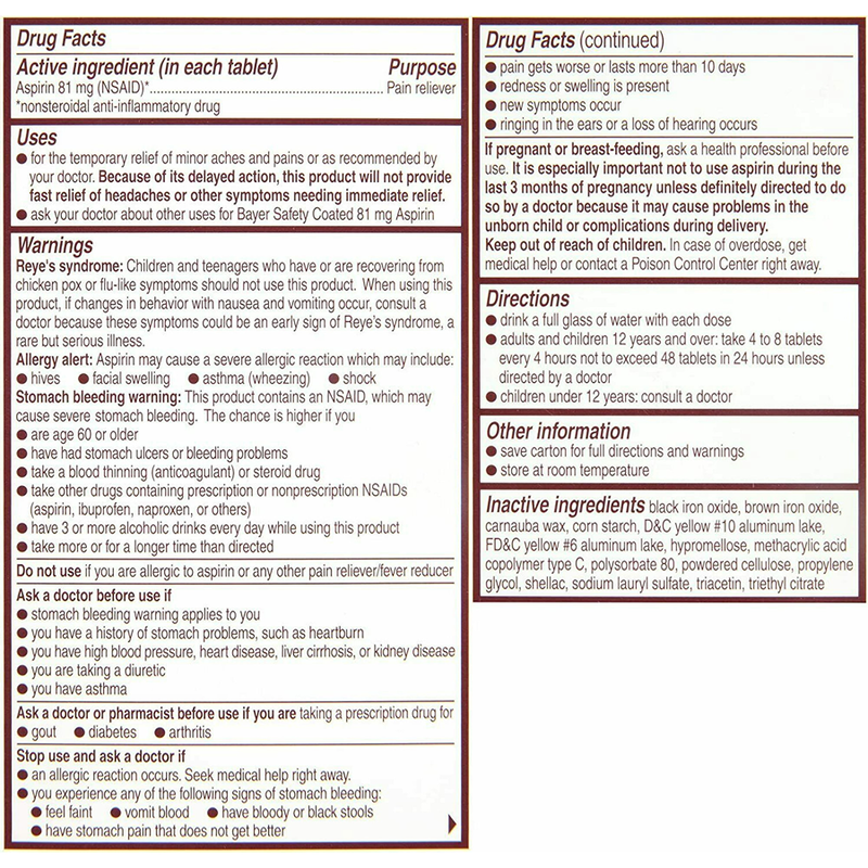 Bayer Bayer Low Dose Aspirin Regimen Safety Enteric Coated 81 Mg Tablets Health & Beauty