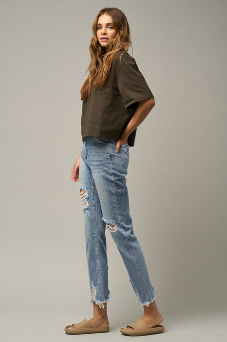 High Waist Distressed Fray Straight Jeans