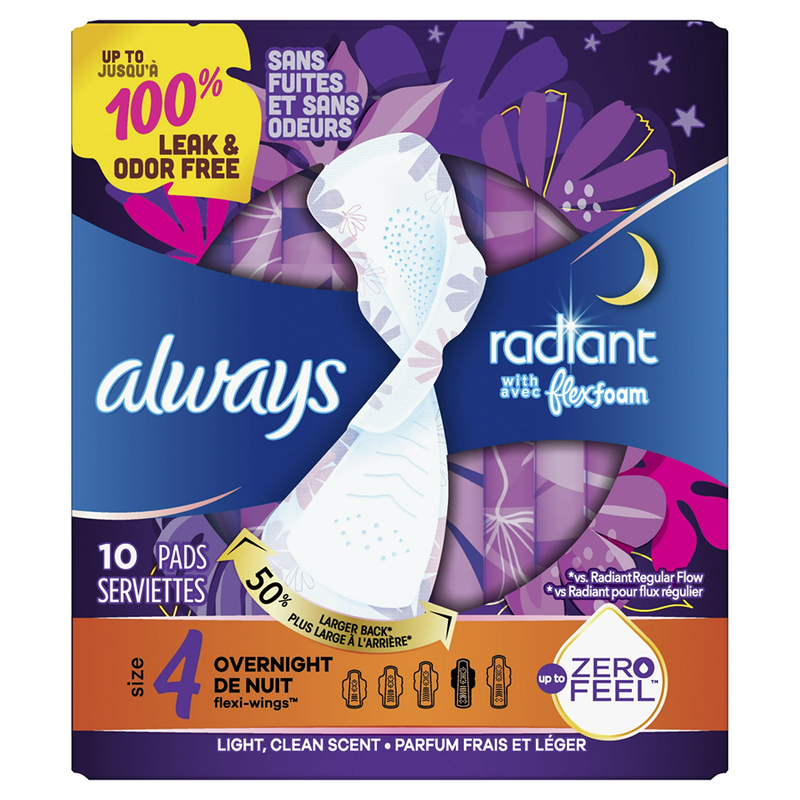 Always Always Radiant Pads, With Flex Foam, Overnight, Light, Clean Scent, Size 4 Personal Care