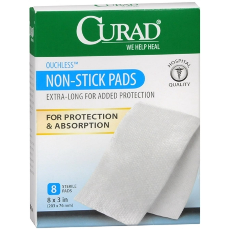 Curad Curad Non-Stick Sterile Pads, Ouchless Wound Protection – 3" x 8", 8 Count First Aid