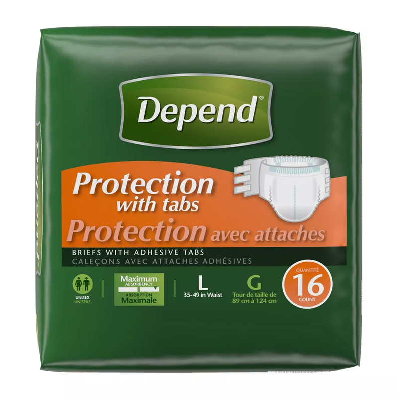 Depend Depend Fresh Protection Incontinence Briefs with Tabs, Maximum Absorbency, Large – 16 Count Incontinence Aids