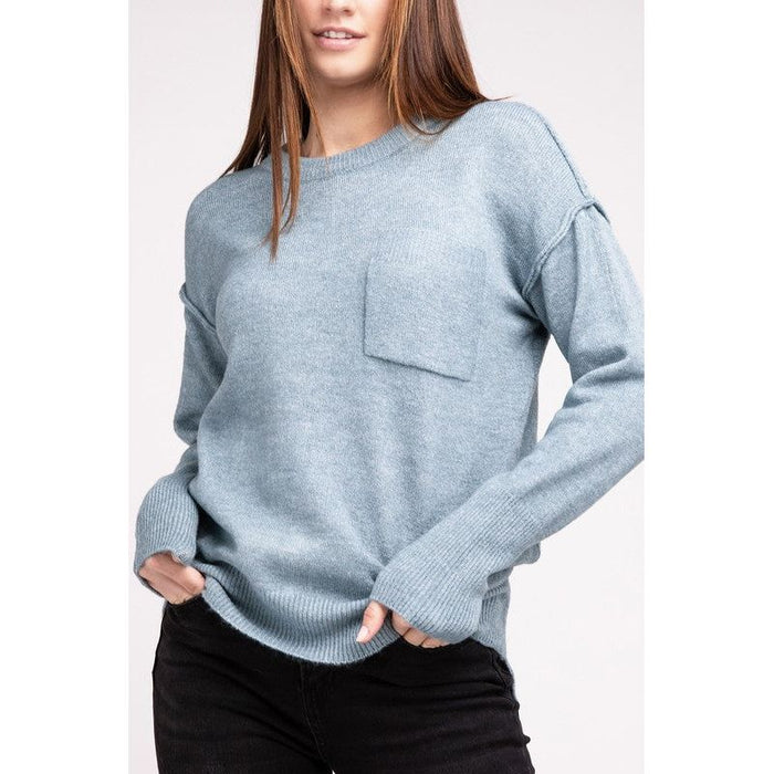 Melange Hi-Low Hem Round Neck Sweater