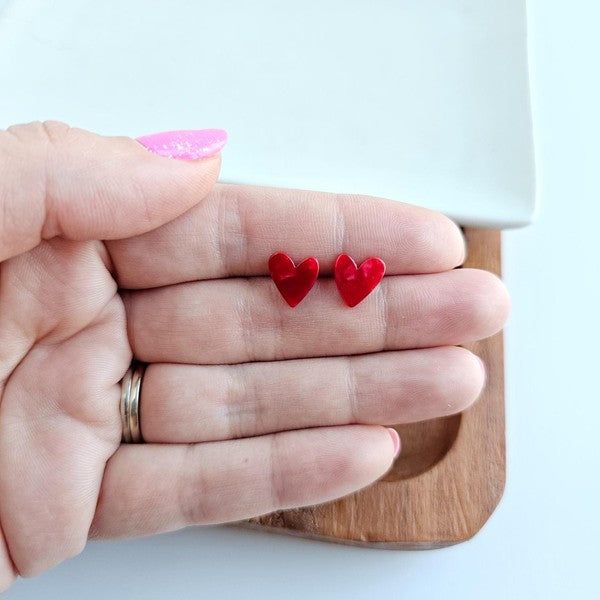 Hand Drawn Heart Studs - Red