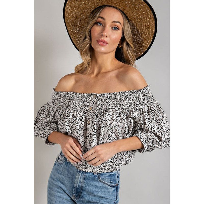 Animal Print Smocked Off the Shoulder Top