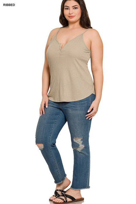 Ribbed Half Snap Button Closure Cami Top