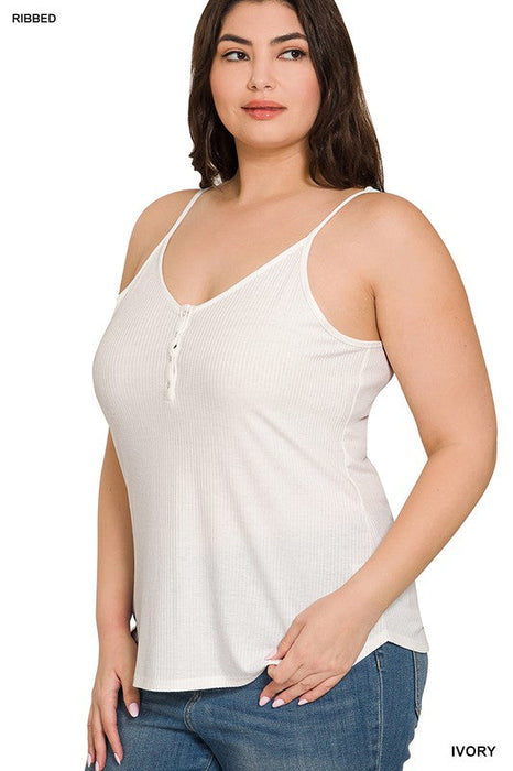 Ribbed Half Snap Button Closure Cami Top