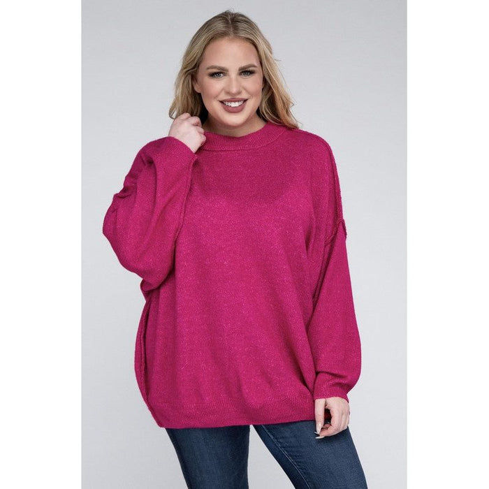 Plus Oversized Round Neck Raw Seam Melange Sweater