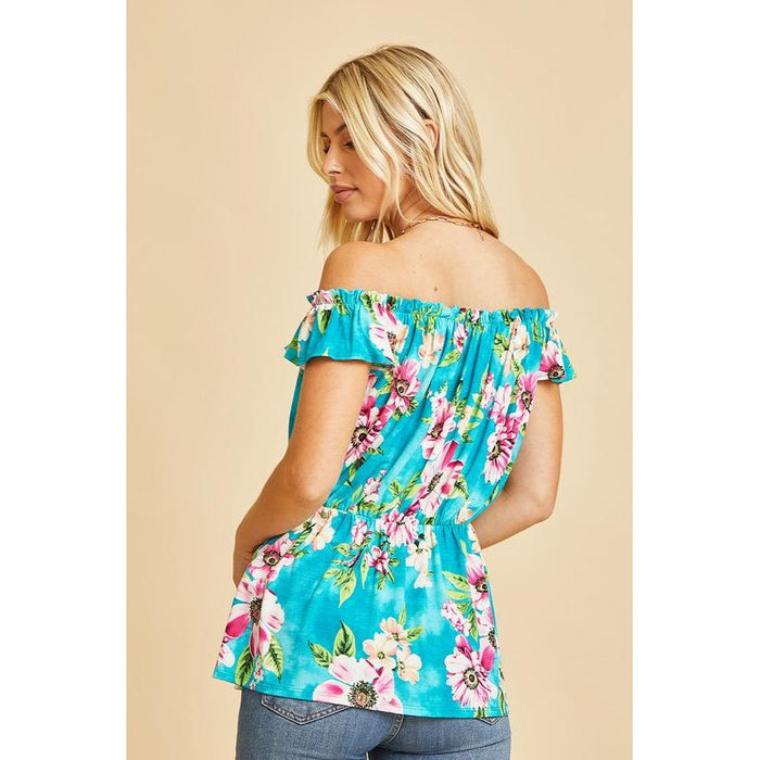 Off Shoulder Short Sleeve Top with Ruffles in Teal/Magenta